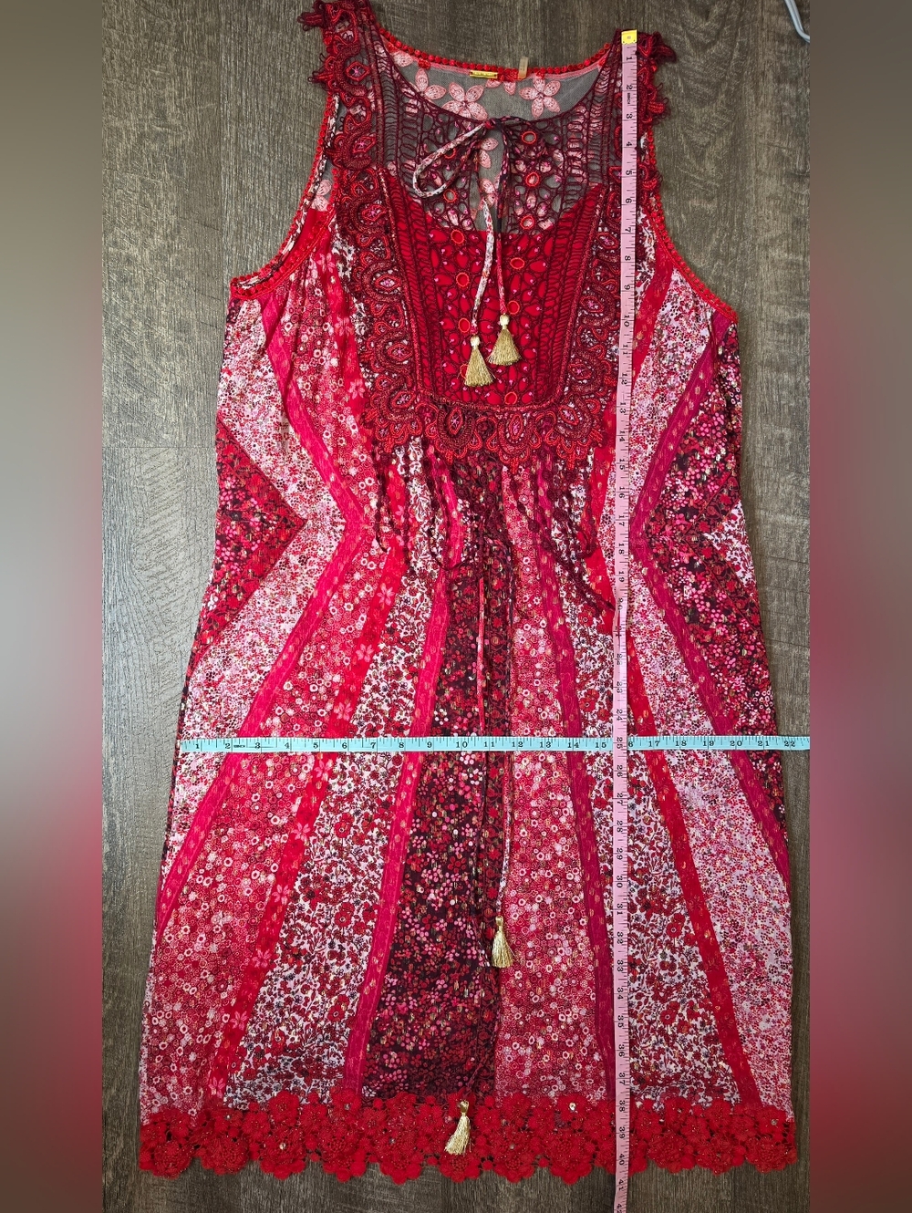 Elie Tahari Redwood McKenna Silk  Midi Dress Womens 8 Red Floral Boho Tassels - Picture 14 of 15